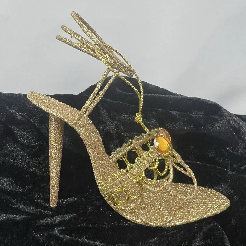 Pier 1 Stiletto Heel Gold Glitter Sandal Christmas Ornament Shoe Holiday